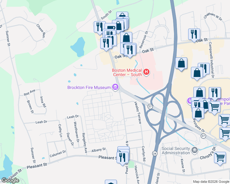 map of restaurants, bars, coffee shops, grocery stores, and more near 216 North Pearl Street in Brockton