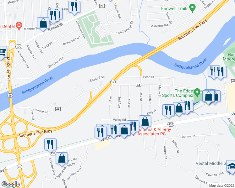 map of restaurants, bars, coffee shops, grocery stores, and more near 373 2nd Avenue in Vestal