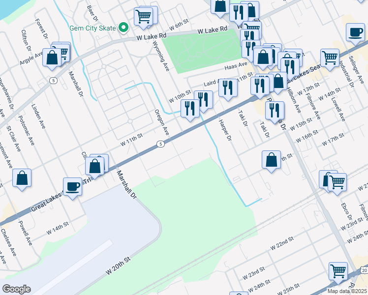 map of restaurants, bars, coffee shops, grocery stores, and more near 3144 W 13th St in Erie