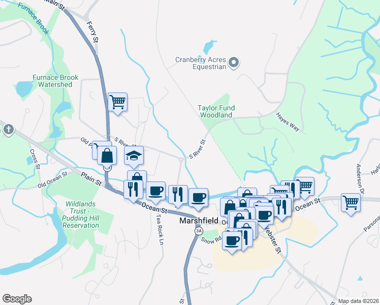 map of restaurants, bars, coffee shops, grocery stores, and more near 173 South River Street in Marshfield