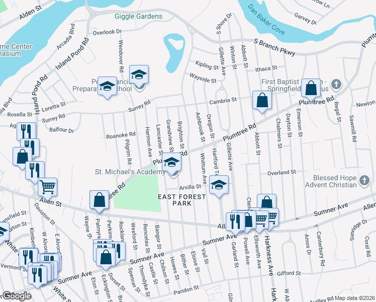 map of restaurants, bars, coffee shops, grocery stores, and more near 283 Plumtree Road in Springfield