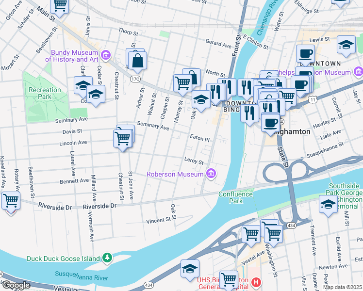 map of restaurants, bars, coffee shops, grocery stores, and more near 67 Oak Street in Binghamton