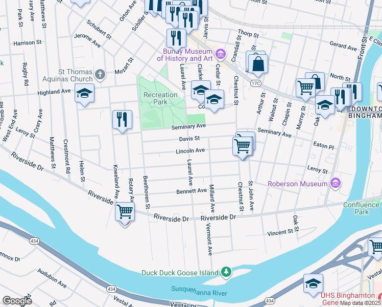 map of restaurants, bars, coffee shops, grocery stores, and more near 102 Leroy Street in Binghamton