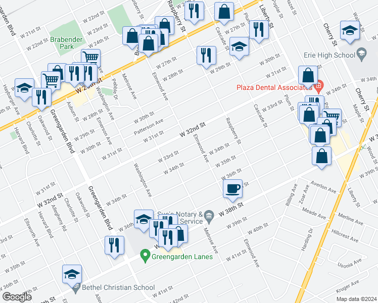 map of restaurants, bars, coffee shops, grocery stores, and more near 1341 West 33rd Street in Erie