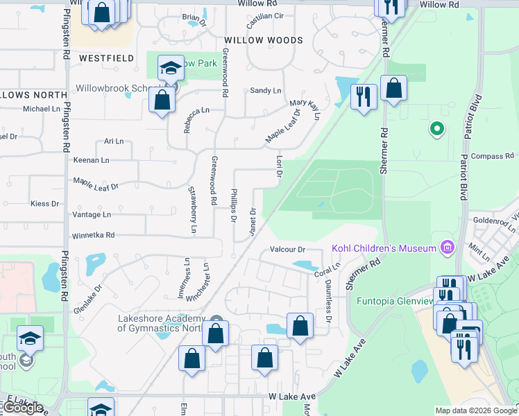 map of restaurants, bars, coffee shops, grocery stores, and more near 2231 Janet Drive in Glenview