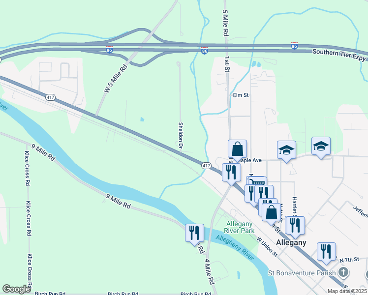 map of restaurants, bars, coffee shops, grocery stores, and more near 2206 Sheldon Drive in Allegany