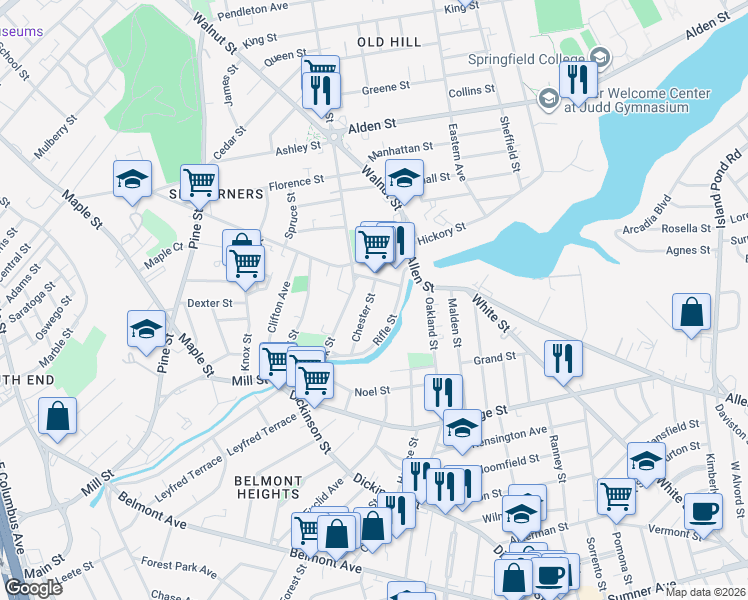 map of restaurants, bars, coffee shops, grocery stores, and more near 27 Chester Street in Springfield