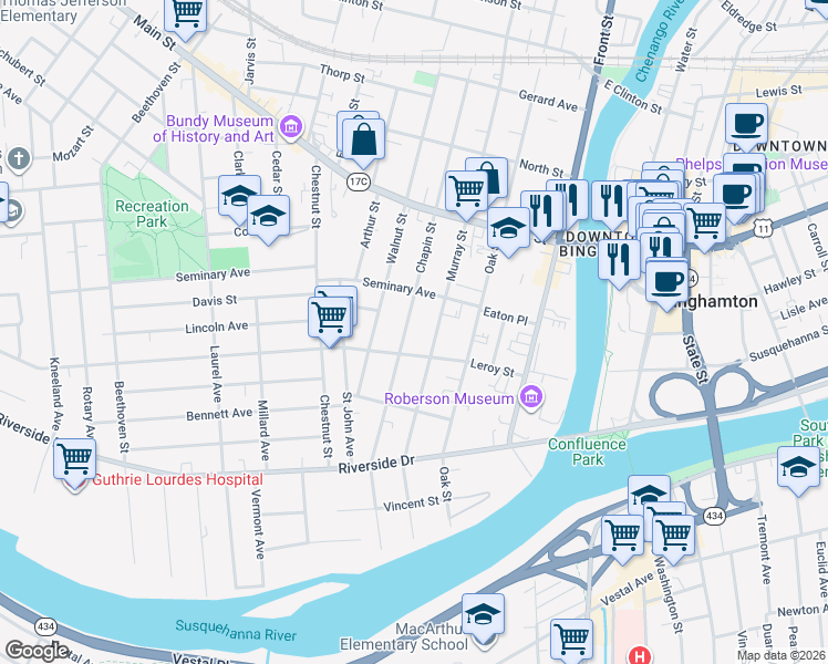 map of restaurants, bars, coffee shops, grocery stores, and more near 77 Murray Street in Binghamton
