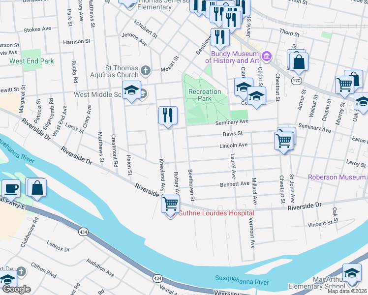 map of restaurants, bars, coffee shops, grocery stores, and more near 40 Beethoven Street in Binghamton