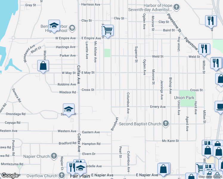map of restaurants, bars, coffee shops, grocery stores, and more near 1213 Broadway in Benton Harbor