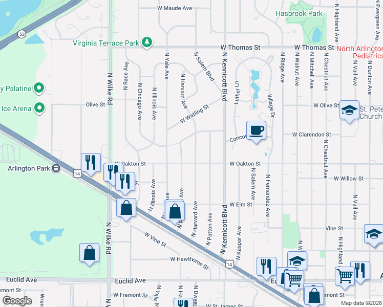 map of restaurants, bars, coffee shops, grocery stores, and more near 1106 North Harvard Avenue in Arlington Heights