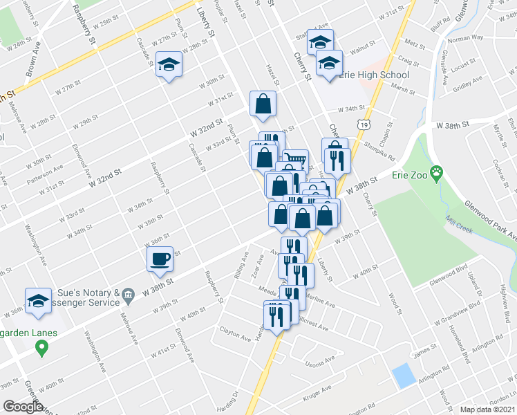 map of restaurants, bars, coffee shops, grocery stores, and more near 914 West 37th Street in Erie