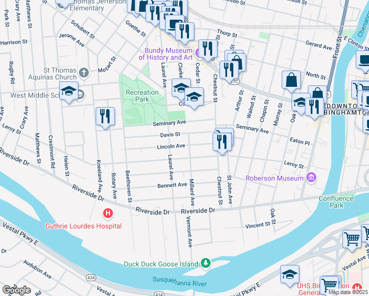 map of restaurants, bars, coffee shops, grocery stores, and more near 23 Lincoln Avenue in Binghamton