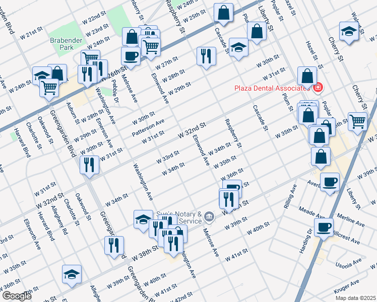 map of restaurants, bars, coffee shops, grocery stores, and more near 1341 West 33rd Street in Erie