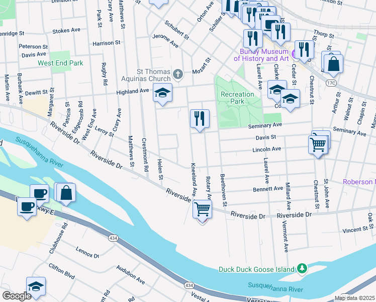 map of restaurants, bars, coffee shops, grocery stores, and more near 49 Kneeland Avenue in Binghamton