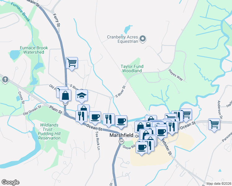 map of restaurants, bars, coffee shops, grocery stores, and more near 173 South River Street in Marshfield