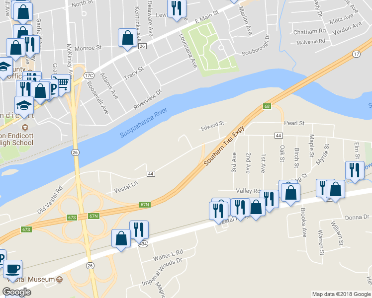 map of restaurants, bars, coffee shops, grocery stores, and more near 1037 Vestal Road in Vestal