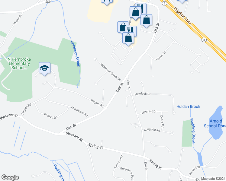 map of restaurants, bars, coffee shops, grocery stores, and more near 112 Oak Street in Pembroke