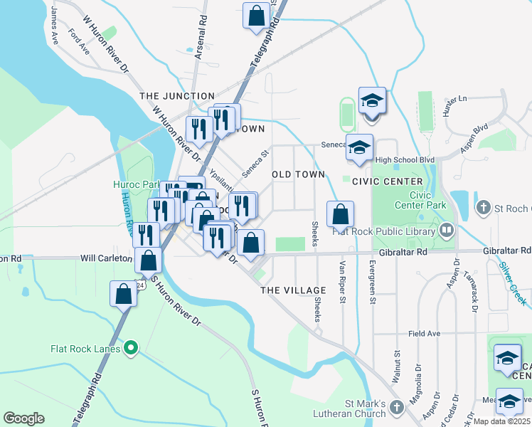 map of restaurants, bars, coffee shops, grocery stores, and more near 26110 Ypsilanti Street in Flat Rock