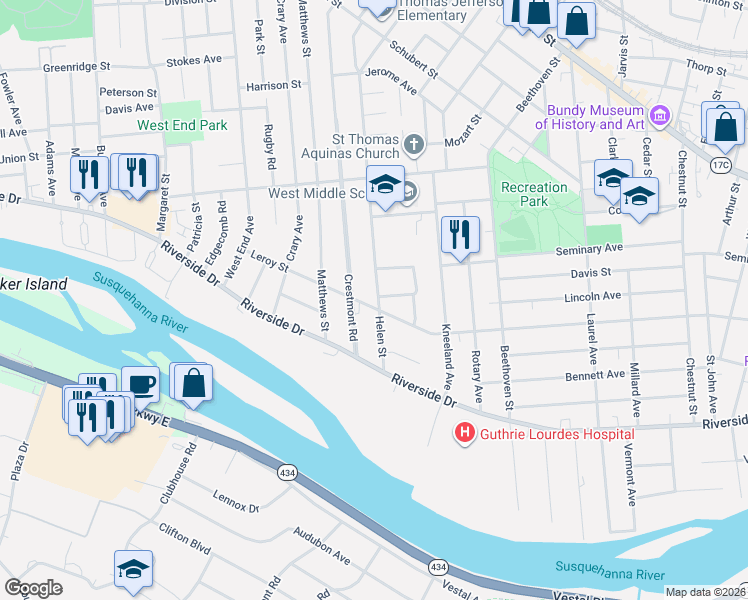 map of restaurants, bars, coffee shops, grocery stores, and more near 199-203 Leroy St in Binghamton