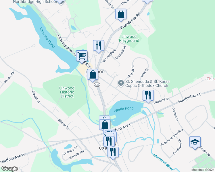 map of restaurants, bars, coffee shops, grocery stores, and more near 144 Linwood Street in Uxbridge