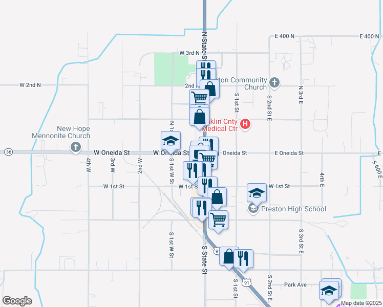 map of restaurants, bars, coffee shops, grocery stores, and more near 39 West Oneida Street in Preston