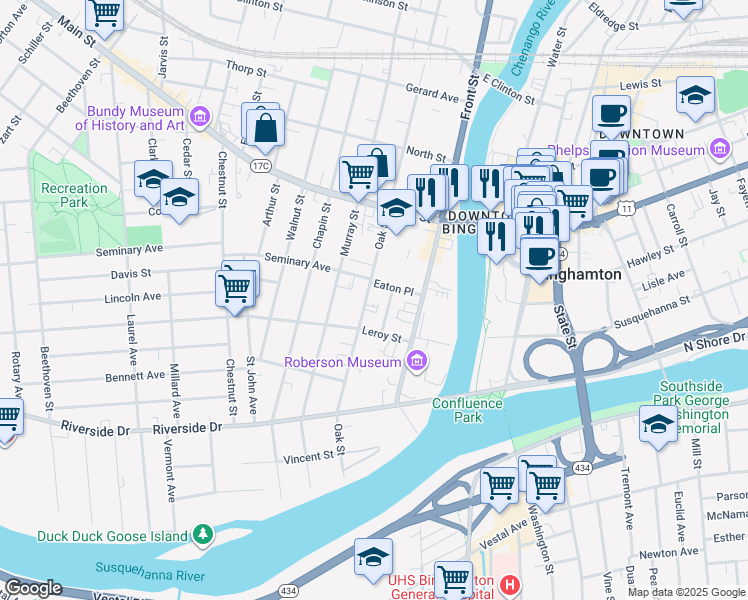 map of restaurants, bars, coffee shops, grocery stores, and more near 67 Oak Street in Binghamton