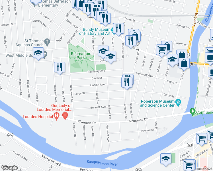 map of restaurants, bars, coffee shops, grocery stores, and more near 21 Lincoln Avenue in Binghamton
