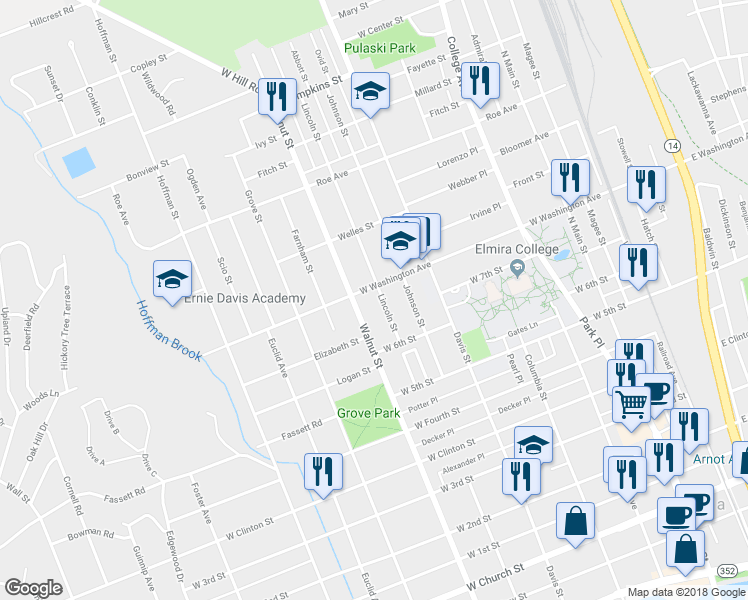 map of restaurants, bars, coffee shops, grocery stores, and more near 829 Lincoln Street in Elmira