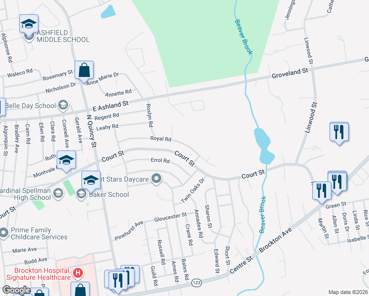 map of restaurants, bars, coffee shops, grocery stores, and more near 149 Royal Road in Brockton
