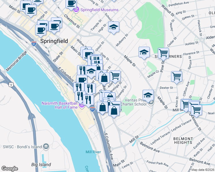 map of restaurants, bars, coffee shops, grocery stores, and more near 744 Main Street in Springfield