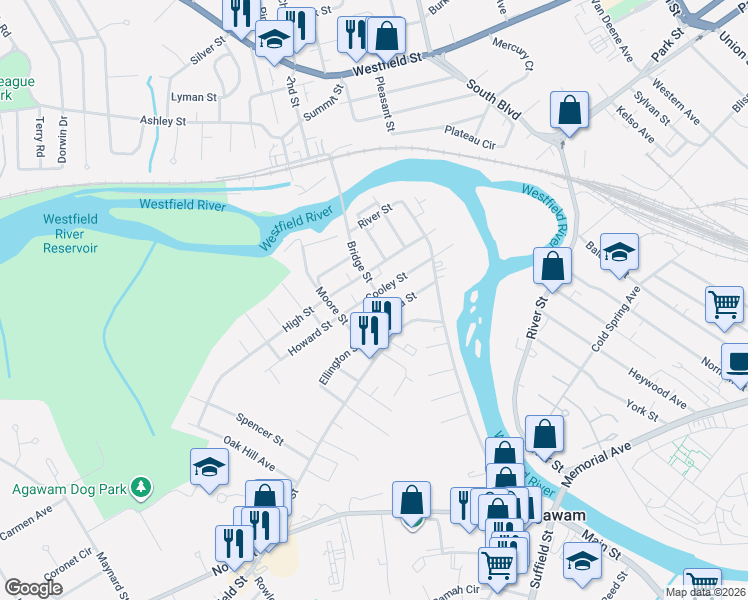 map of restaurants, bars, coffee shops, grocery stores, and more near 98 Bridge Street in Agawam