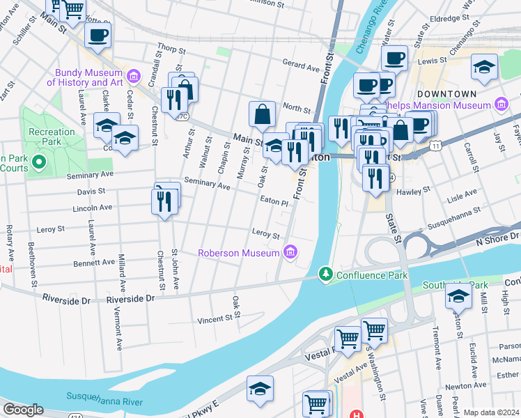 map of restaurants, bars, coffee shops, grocery stores, and more near 67 Oak Street in Binghamton