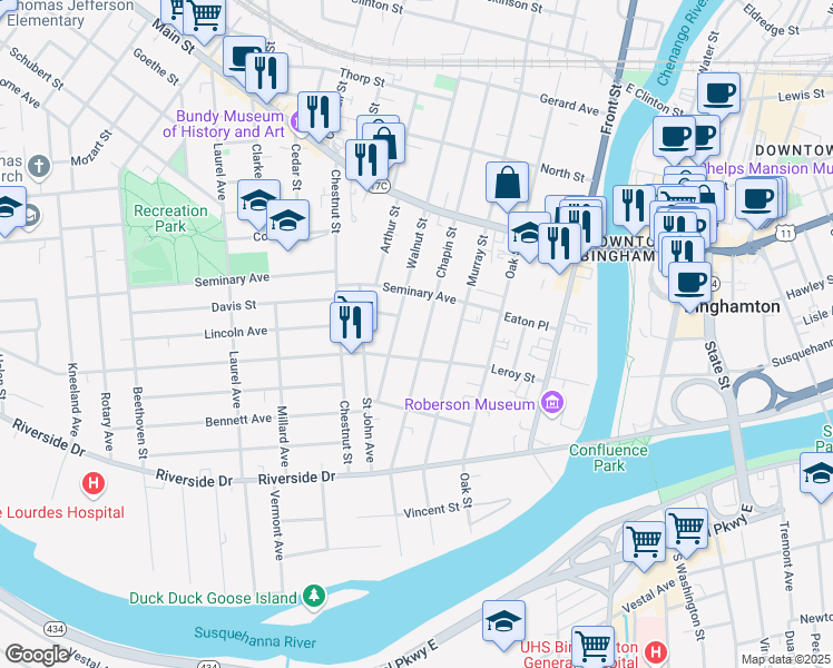 map of restaurants, bars, coffee shops, grocery stores, and more near 48 1/2 Leroy Street in Binghamton