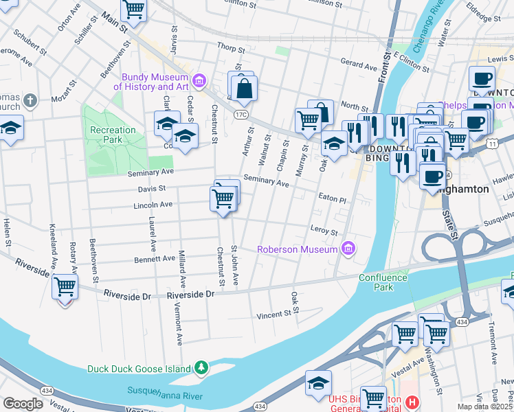 map of restaurants, bars, coffee shops, grocery stores, and more near 48 1/2 Leroy Street in Binghamton