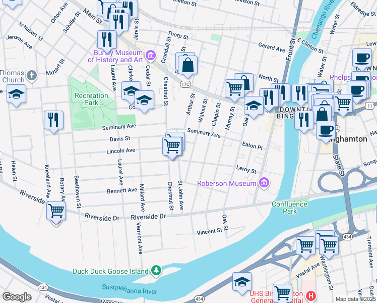map of restaurants, bars, coffee shops, grocery stores, and more near 58 Leroy Street in Binghamton