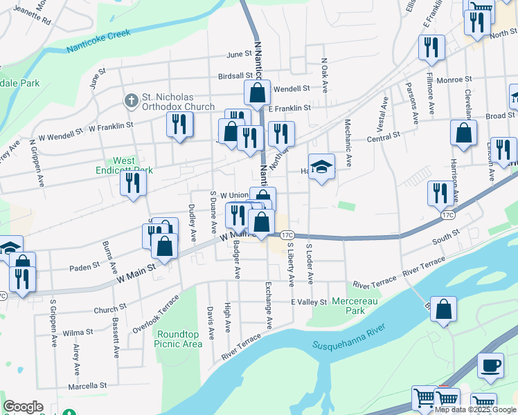 map of restaurants, bars, coffee shops, grocery stores, and more near 108 Day Place in Endicott