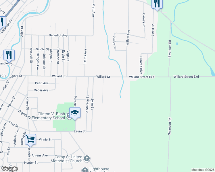 map of restaurants, bars, coffee shops, grocery stores, and more near 496 Willard Street in Jamestown