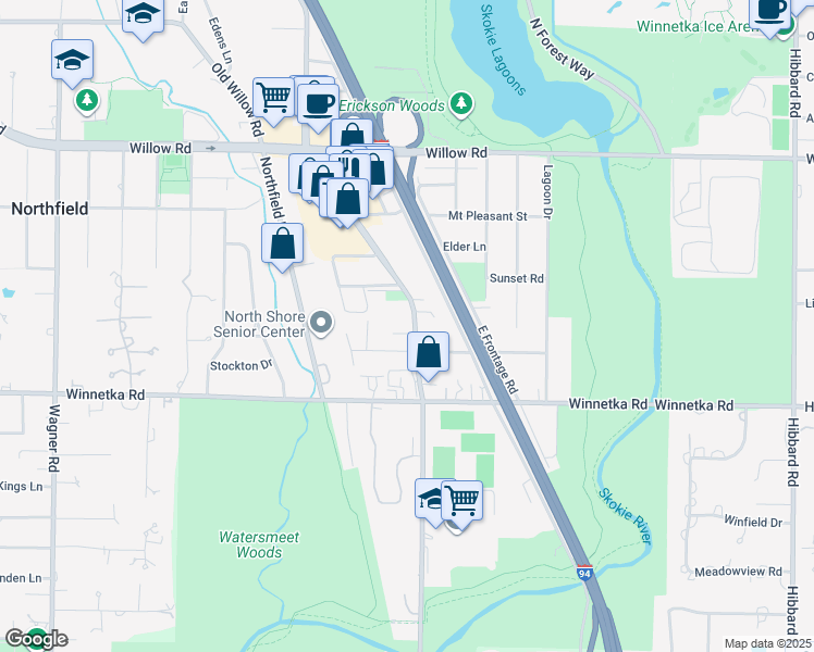 map of restaurants, bars, coffee shops, grocery stores, and more near 166 North Happ Road in Northfield