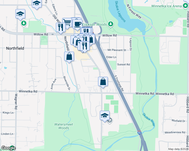 map of restaurants, bars, coffee shops, grocery stores, and more near 1735 Harding Road in Northfield