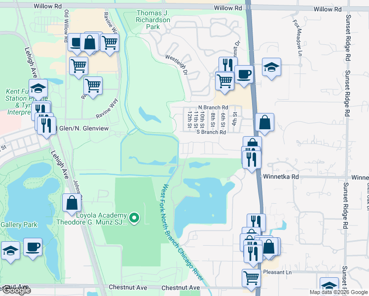 map of restaurants, bars, coffee shops, grocery stores, and more near 1833 Wildberry Drive in Glenview
