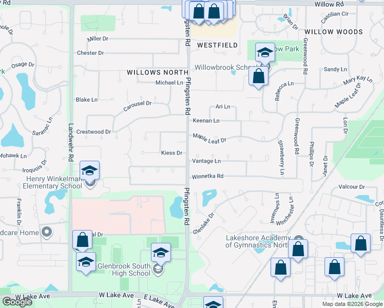 map of restaurants, bars, coffee shops, grocery stores, and more near 3728 Vantage Lane in Glenview