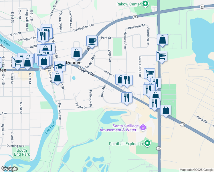 map of restaurants, bars, coffee shops, grocery stores, and more near 550 Springwood Court in East Dundee