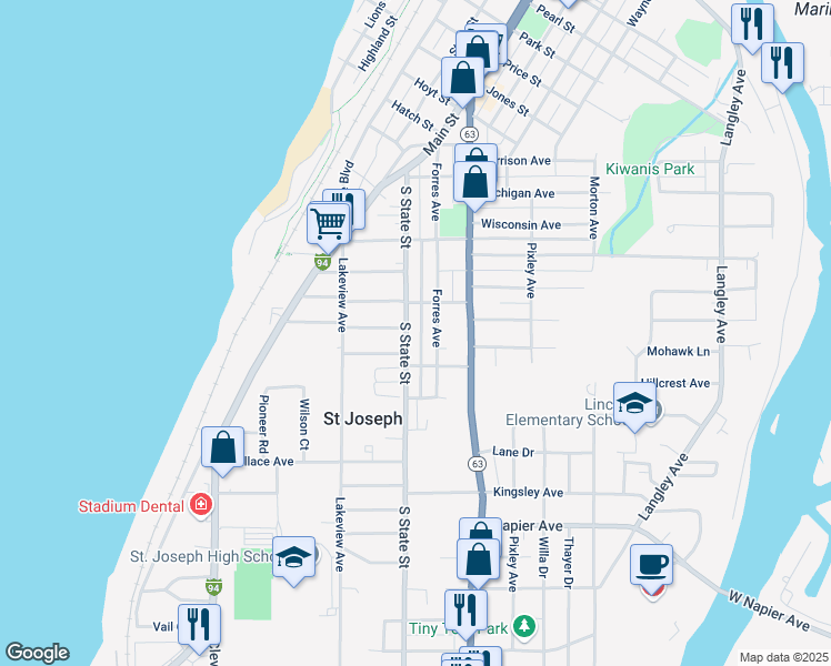 map of restaurants, bars, coffee shops, grocery stores, and more near 1922 Forres Avenue in St. Joseph