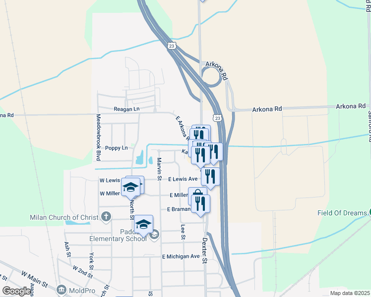 map of restaurants, bars, coffee shops, grocery stores, and more near 975 Kay Street in Milan