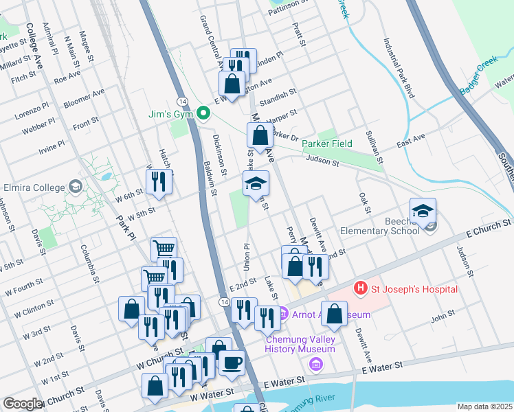 map of restaurants, bars, coffee shops, grocery stores, and more near 610 Lake Street in Elmira