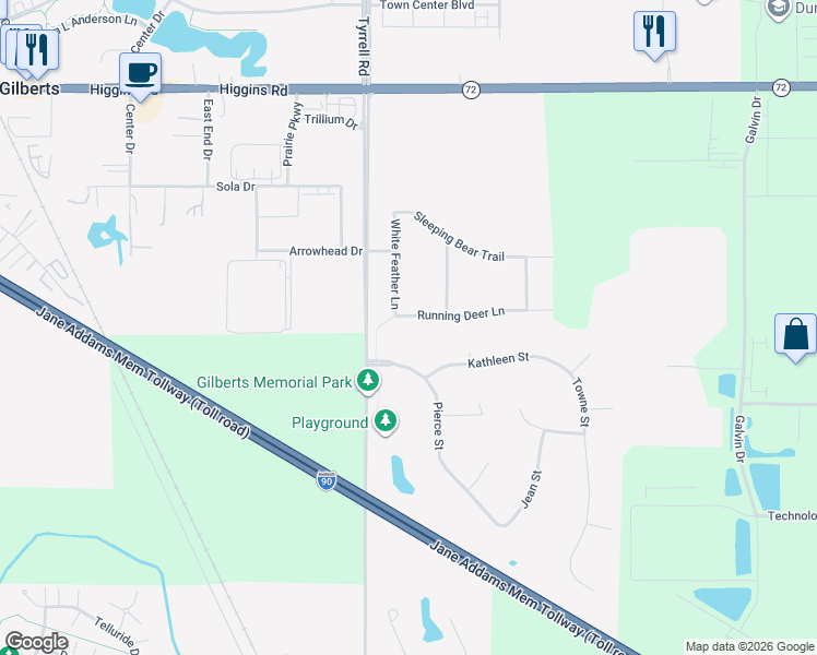 map of restaurants, bars, coffee shops, grocery stores, and more near 433 Running Deer Lane in Gilberts