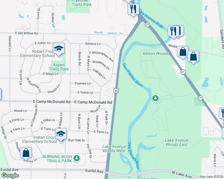 map of restaurants, bars, coffee shops, grocery stores, and more near 1532 North River West Court in Mount Prospect