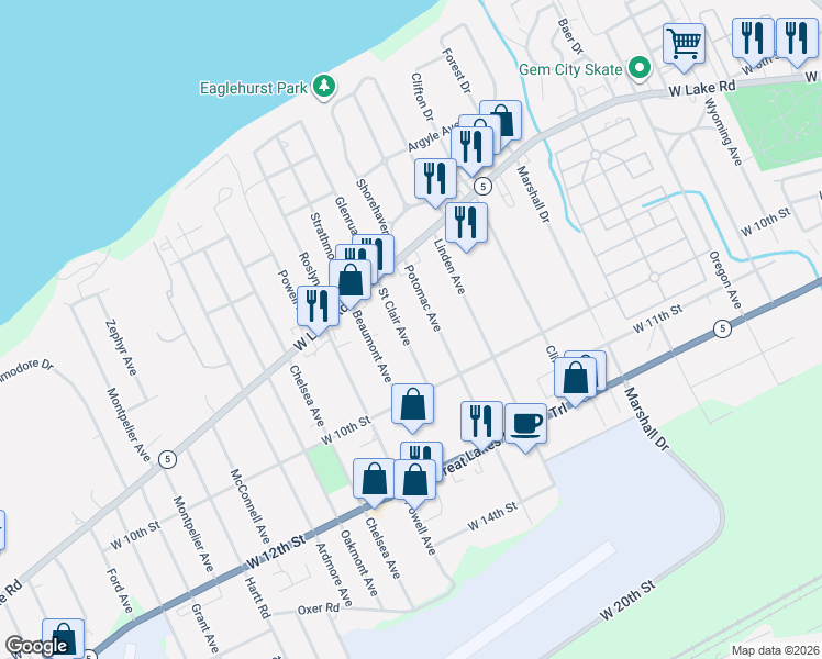 map of restaurants, bars, coffee shops, grocery stores, and more near 828 St Clair Ave in Erie
