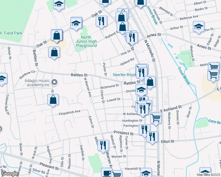 map of restaurants, bars, coffee shops, grocery stores, and more near 117 Division Street in Brockton